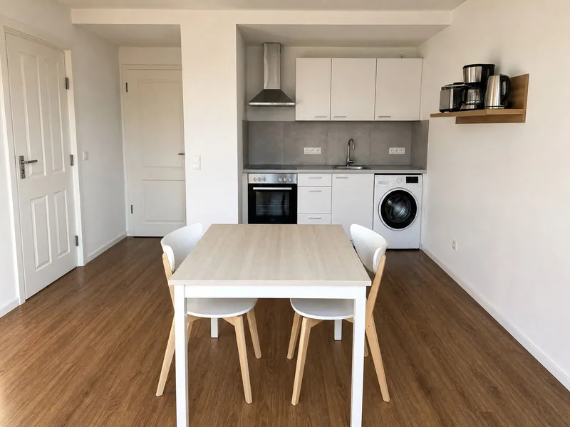 Küchenzeile mit Backofen, Waschmaschine und Esstisch für zwei Personen
