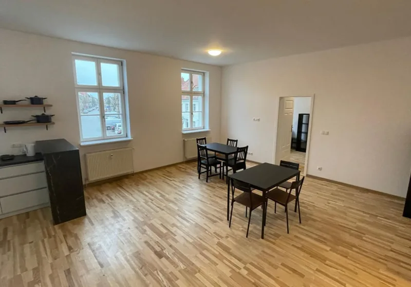 Wohnraum mit Esstisch, Stühlen und Fenstern
